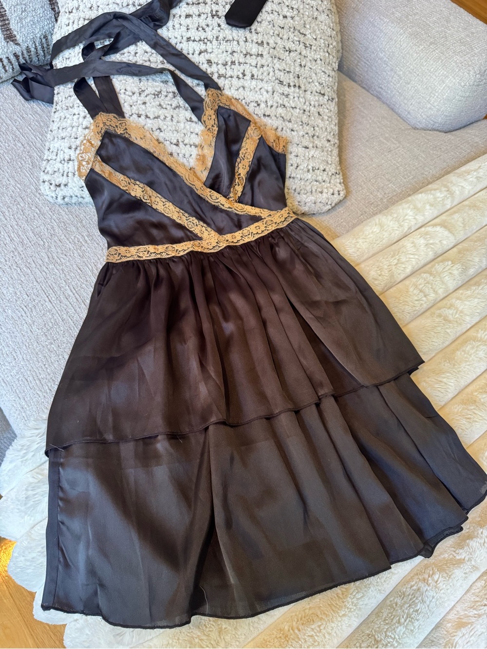 Nasty gal black satin lace trim tie strap mini dress